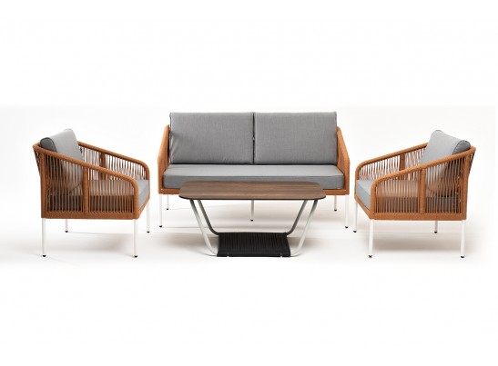 "Канны" лаунж-зона 4-местная из роупа со столом "Глория" цвет "дуб", каркас алюминиевый белый, роуп оранжевый меланж в Кургане