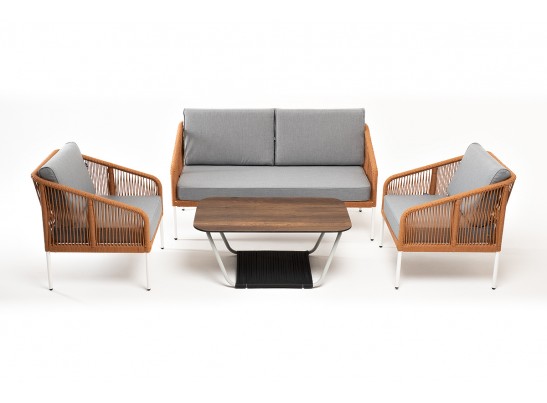 "Канны" лаунж-зона 4-местная из роупа со столом "Глория" цвет "дуб", каркас алюминиевый белый, роуп оранжевый меланж в Кургане