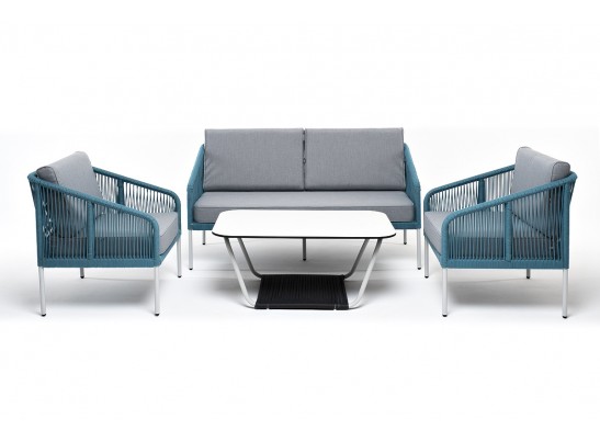 "Канны" лаунж-зона 4-местная из роупа со столом "Глория" (молочный), каркас алюминиевый светло-серый, роуп бирюзовый в Кургане