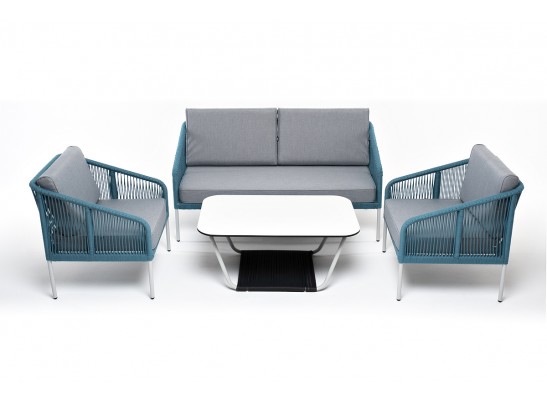 "Канны" лаунж-зона 4-местная из роупа со столом "Глория" (молочный), каркас алюминиевый светло-серый, роуп бирюзовый в Кургане