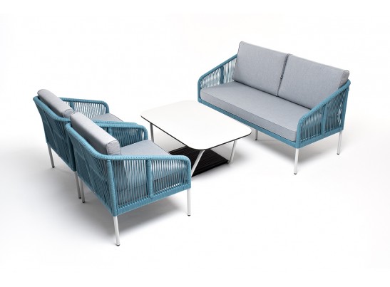 "Канны" лаунж-зона 4-местная из роупа со столом "Глория" (молочный), каркас алюминиевый светло-серый, роуп бирюзовый в Кургане