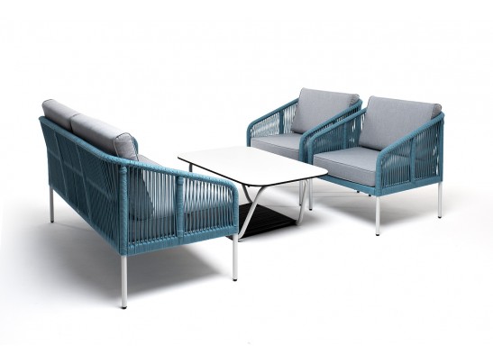 "Канны" лаунж-зона 4-местная из роупа со столом "Глория" (молочный), каркас алюминиевый светло-серый, роуп бирюзовый в Кургане