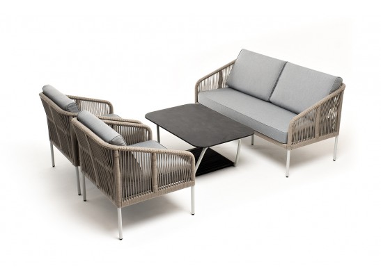 "Канны" лаунж-зона 4-местная из роупа со столом "Глория" (серый гранит), каркас алюминиевый светло-серый, роуп салатовый меланж в Кургане