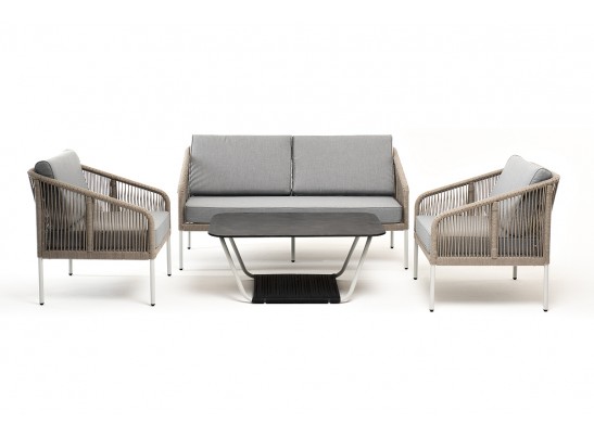 "Канны" лаунж-зона 4-местная из роупа со столом "Глория" (серый гранит), каркас алюминиевый светло-серый, роуп серый меланж в Кургане