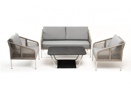 "Канны" лаунж-зона 4-местная из роупа со столом "Глория" (серый гранит), каркас алюминиевый светло-серый, роуп салатовый меланж в Кургане