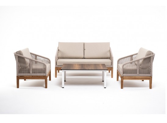 "Канны" лаунж-зона 4-местная из роупа со столиком "Канны" цвета "дуб", основание дуб, роуп бежевый в Кургане