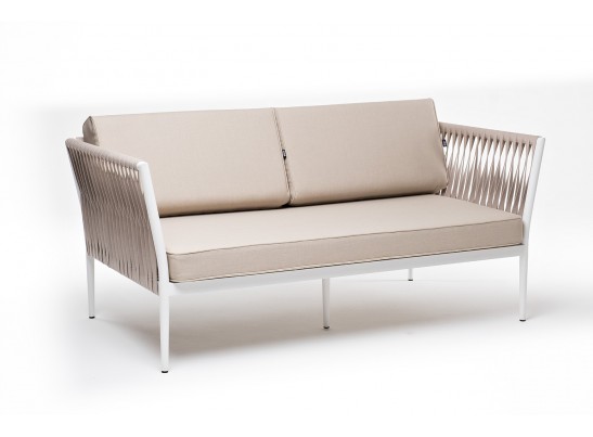 "Касабланка" диван 2-местный плетеный из роупа, каркас алюминий белый муар, роуп бежевый 20мм, ткань бежевая 15052 в Кургане