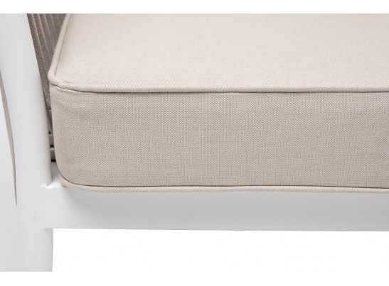 "Касабланка" диван 2-местный плетеный из роупа, каркас алюминий белый муар, роуп бежевый 20мм, ткань бежевая 15052 в Кургане