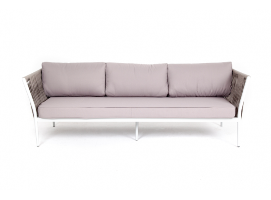 "Касабланка" диван 3-местный плетеный из роупа, каркас алюминий белый муар, роуп бежевый 20мм, ткань бежевая 052 в Кургане