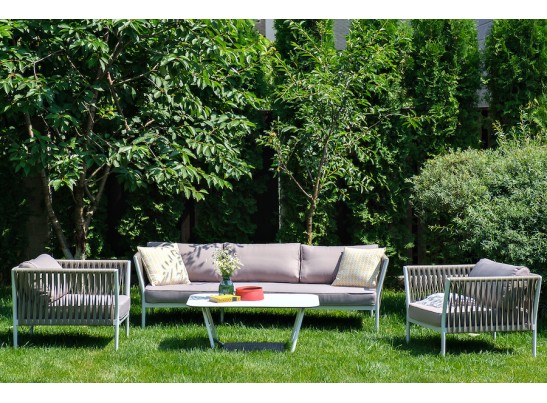 "Касабланка" диван 3-местный плетеный из роупа, каркас алюминий белый муар, роуп бежевый 20мм, ткань бежевая 052 в Кургане