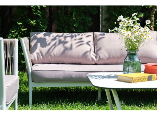 "Касабланка" диван 3-местный плетеный из роупа, каркас алюминий белый муар, роуп бежевый 20мм, ткань бежевая 052 в Кургане