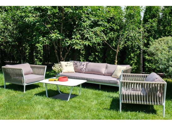 "Касабланка" диван 3-местный плетеный из роупа, каркас алюминий белый муар, роуп бежевый 20мм, ткань бежевая 052 в Кургане