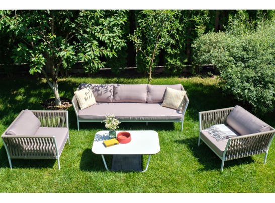 "Касабланка" диван 3-местный плетеный из роупа, каркас алюминий белый муар, роуп бежевый 20мм, ткань бежевая 052 в Кургане