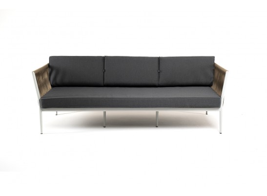 "Касабланка" диван 3-местный плетеный из роупа, каркас алюминий светло-серый (RAL7035) муар, роуп серо-коричневый 23мм, ткань серая 017 в Кургане