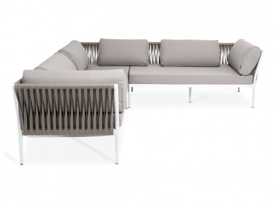 "Касабланка" диван модульный плетеный из роупа, каркас алюминий, роуп серо-коричневый 23мм, ткань бежевая 052 в Кургане