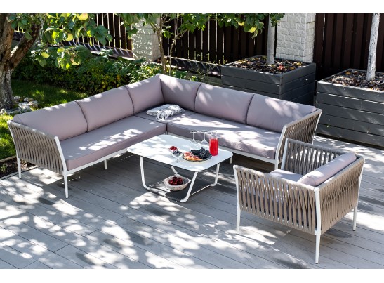 "Касабланка" диван модульный плетеный из роупа, каркас алюминий, роуп серо-коричневый 23мм, ткань бежевая 052 в Кургане