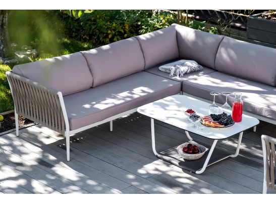 "Касабланка" диван модульный плетеный из роупа, каркас алюминий, роуп серо-коричневый 23мм, ткань бежевая 052 в Кургане