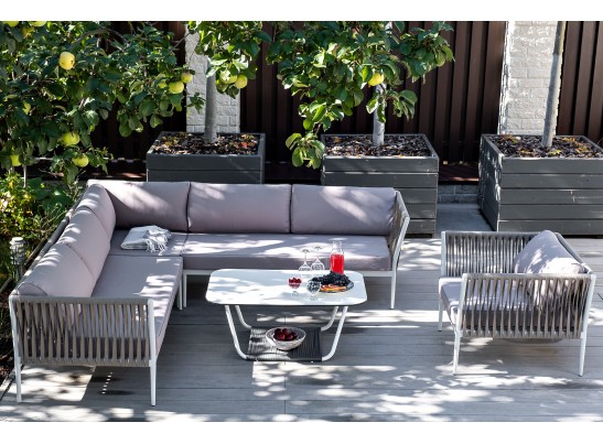 "Касабланка" диван модульный плетеный из роупа, каркас алюминий, роуп серо-коричневый 23мм, ткань бежевая 052 в Кургане