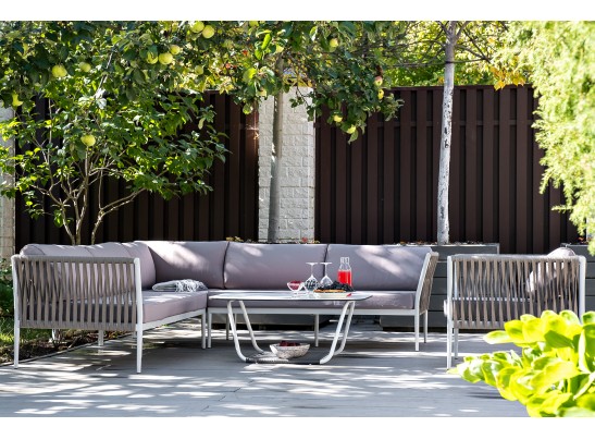 "Касабланка" диван модульный плетеный из роупа, каркас алюминий, роуп серо-коричневый 23мм, ткань бежевая 052 в Кургане