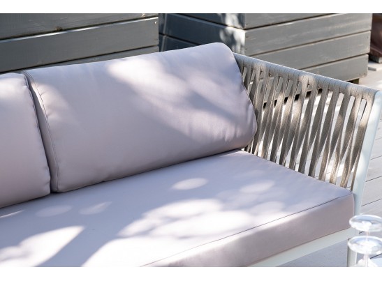 "Касабланка" диван модульный плетеный из роупа, каркас алюминий, роуп серо-коричневый 23мм, ткань бежевая 052 в Кургане