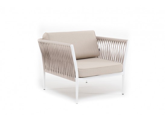 "Касабланка" кресло плетеное из роупа, каркас алюминий белый, роуп бежевый, ткань бежевая в Кургане