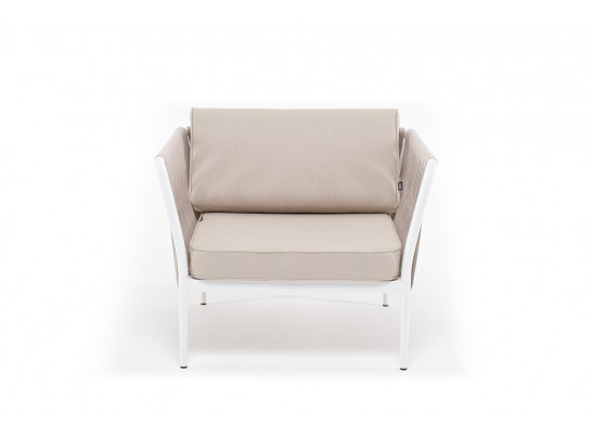 "Касабланка" кресло плетеное из роупа, каркас алюминий белый, роуп бежевый, ткань бежевая в Кургане