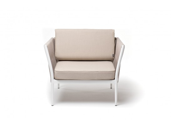 "Касабланка" кресло плетеное из роупа, каркас алюминий белый муар, роуп бежевый 20мм, ткань бежевая 052 в Кургане