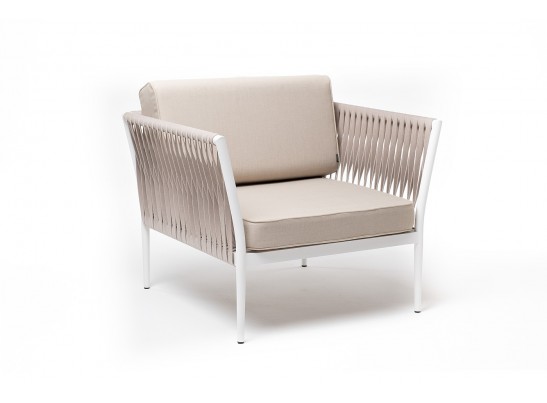 "Касабланка" кресло плетеное из роупа, каркас алюминий белый муар, роуп бежевый 20мм, ткань бежевая 052 в Кургане