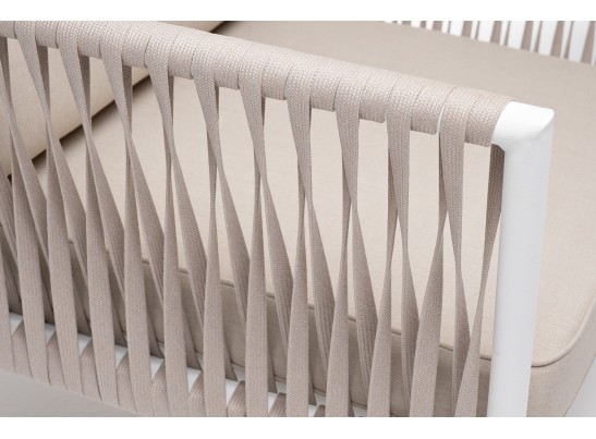 "Касабланка" кресло плетеное из роупа, каркас алюминий белый муар, роуп бежевый 20мм, ткань бежевая 052 в Кургане