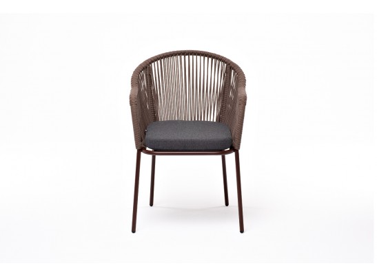 "Лион" стул плетеный из роупа, каркас из стали коричневый (RAL8016) муар, роуп коричневый круглый, ткань бежевая в Кургане