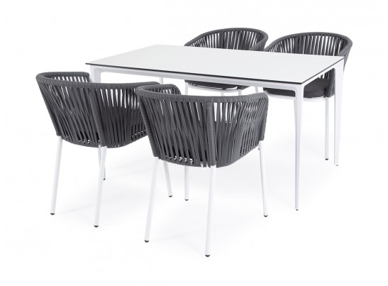 "Малага" обеденная группа на 4 персоны со стульями "Бордо", каркас белый, роуп серый в Кургане