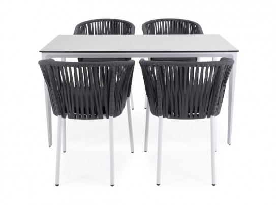 "Малага" обеденная группа на 4 персоны со стульями "Бордо", каркас белый, роуп серый в Кургане