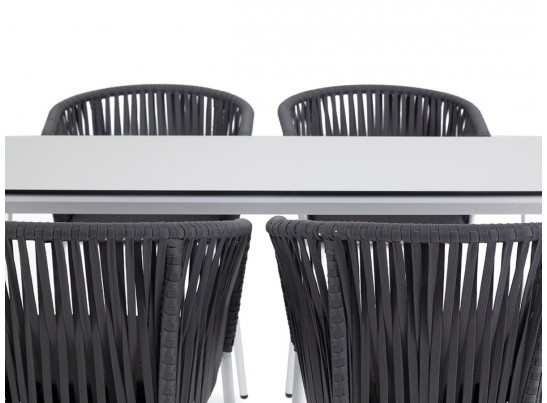 "Малага" обеденная группа на 4 персоны со стульями "Бордо", каркас белый, роуп серый в Кургане