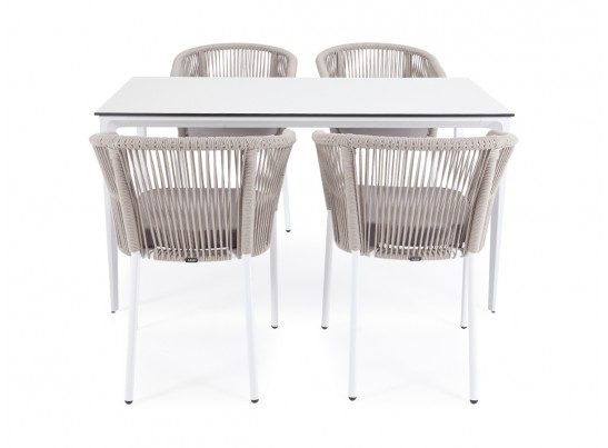 "Малага" обеденная группа на 4 персоны со стульями "Марсель", каркас белый, роуп бежевый в Кургане