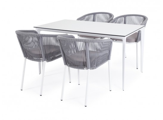 "Малага" обеденная группа на 4 персоны со стульями "Марсель", каркас белый, роуп светло-серый в Кургане