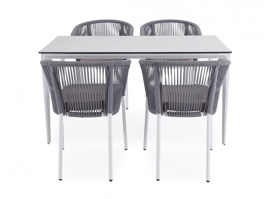 "Малага" обеденная группа на 4 персоны со стульями "Марсель", каркас белый, роуп светло-серый в Кургане