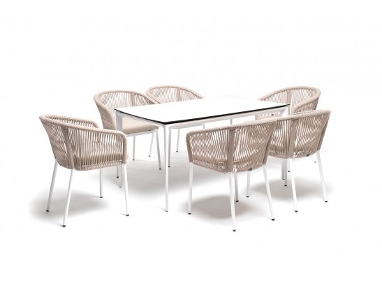 "Малага" обеденная группа на 6 персон со стульями "Марсель", каркас белый, роуп бежевый в Кургане