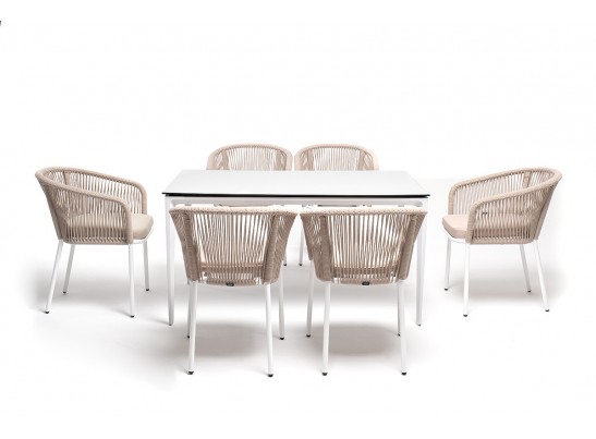 "Малага" обеденная группа на 6 персон со стульями "Марсель", каркас белый, роуп бежевый в Кургане