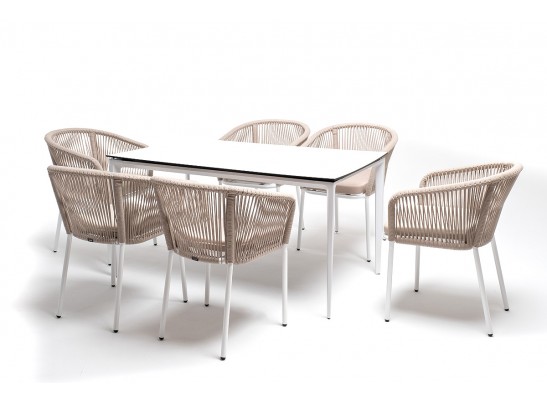 "Малага" обеденная группа на 6 персон со стульями "Марсель", каркас белый, роуп бежевый в Кургане
