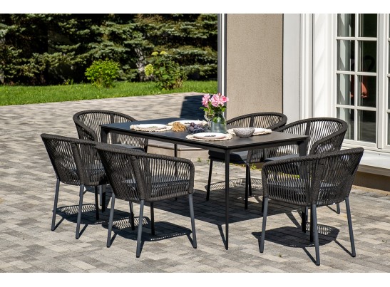 "Малага" обеденная группа на 6 персон со стульями "Марсель", каркас темно-серый, роуп темно-серый в Кургане