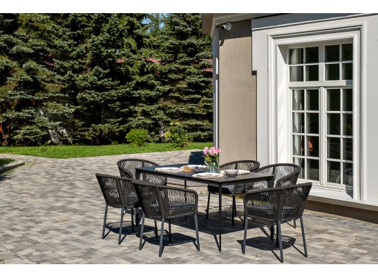 "Малага" обеденная группа на 6 персон со стульями "Марсель", каркас темно-серый, роуп темно-серый в Кургане