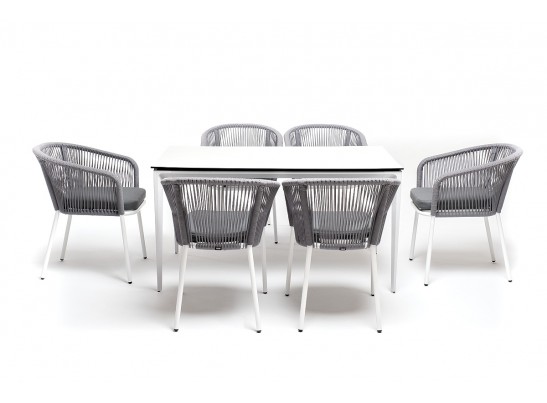 "Малага" обеденная группа на 6 персон со стульями "Марсель", каркас белый, роуп светло-серый в Кургане