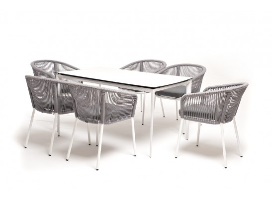 "Малага" обеденная группа на 6 персон со стульями "Марсель", каркас белый, роуп светло-серый в Кургане