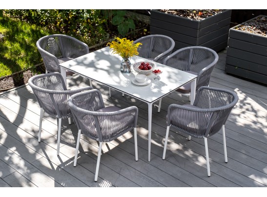 "Малага" обеденная группа на 6 персон со стульями "Марсель", каркас белый, роуп светло-серый в Кургане