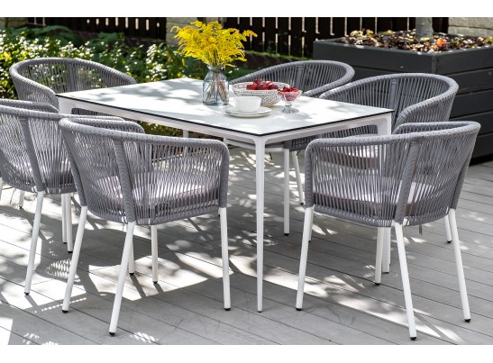 "Малага" обеденная группа на 6 персон со стульями "Марсель", каркас белый, роуп светло-серый в Кургане