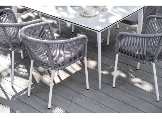 "Малага" обеденная группа на 6 персон со стульями "Марсель", каркас белый, роуп светло-серый в Кургане