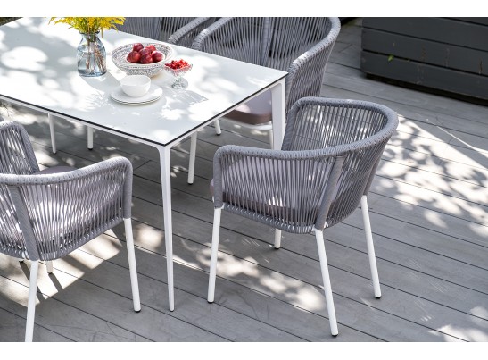 "Малага" обеденная группа на 6 персон со стульями "Марсель", каркас белый, роуп светло-серый в Кургане