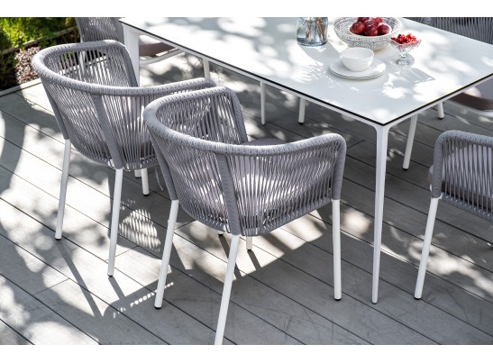 "Малага" обеденная группа на 6 персон со стульями "Марсель", каркас белый, роуп светло-серый в Кургане