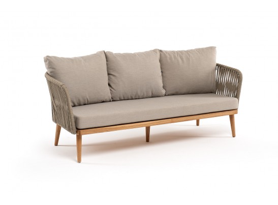 "Мальорка" диван 3-местный плетеный из роупа, основание дуб, роуп серо-коричневый 23мм, ткань бежевая 052 в Кургане