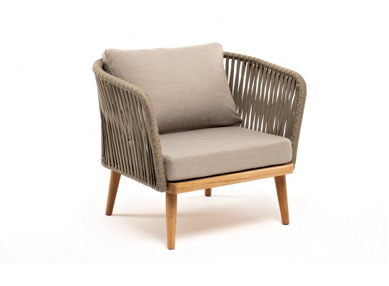 "Мальорка" кресло плетеное из роупа, основание дуб, роуп серо-коричневый 23мм, ткань бежевая 052 в Кургане